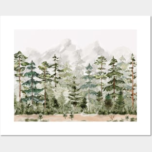 Watercolor Pine Forest on Mountain Posters and Art